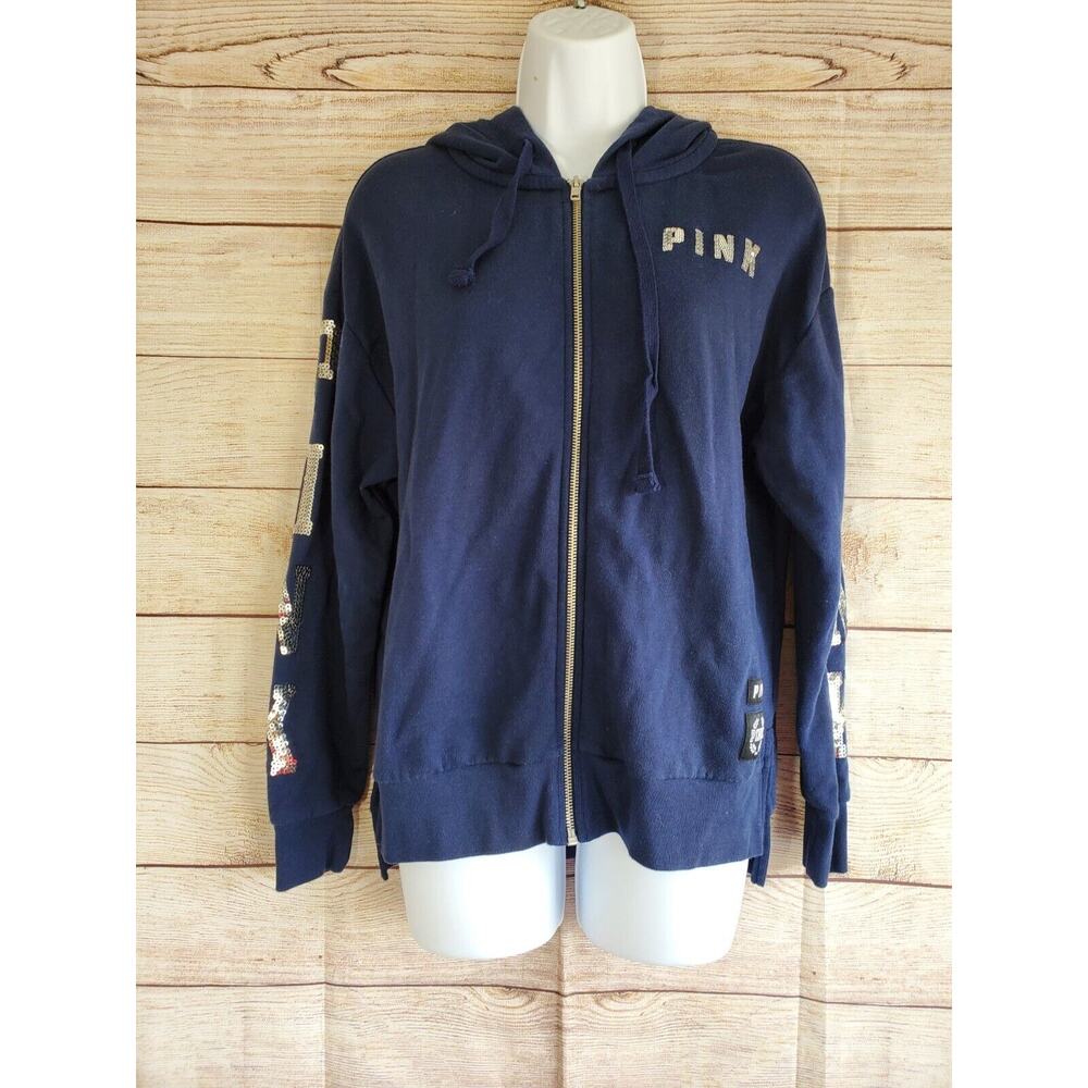 PINK Victoria’s Secret Blue Full Zip Hoodie Bling Detail XSmall EUC